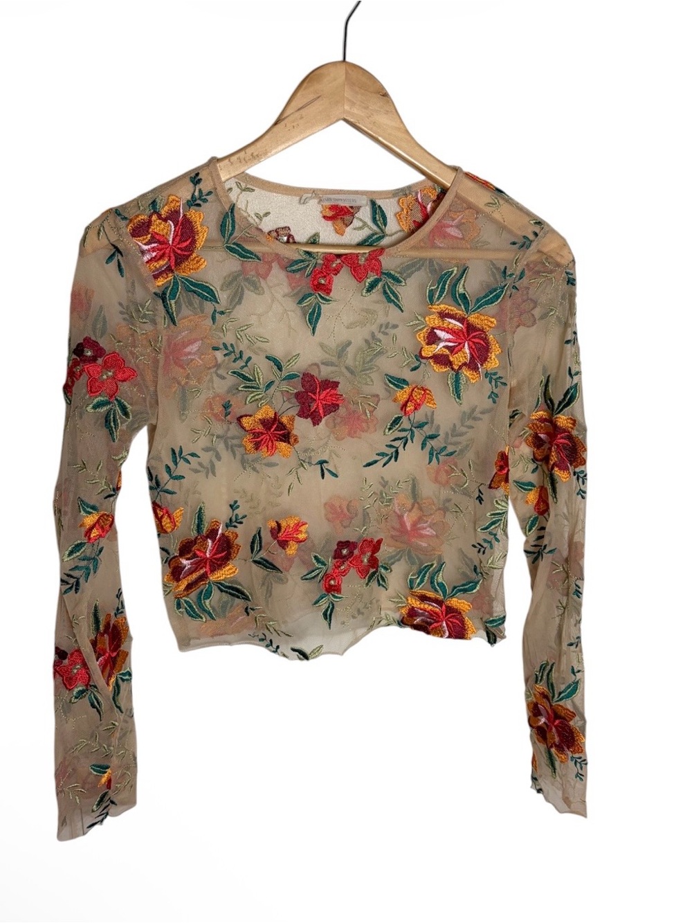 Urban outfitters nude mesh floral embroidered long sleeve crop top fits like S